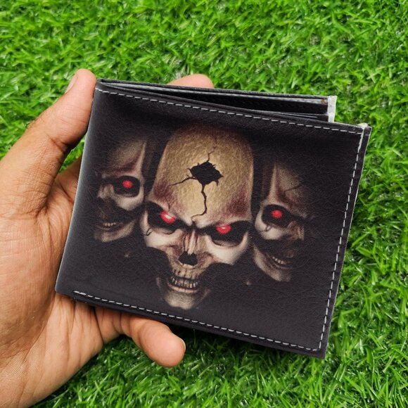 Three Skull Bifold Wallet for Men, Vegan Leather Printed Wallet - Picture 1 of 6
